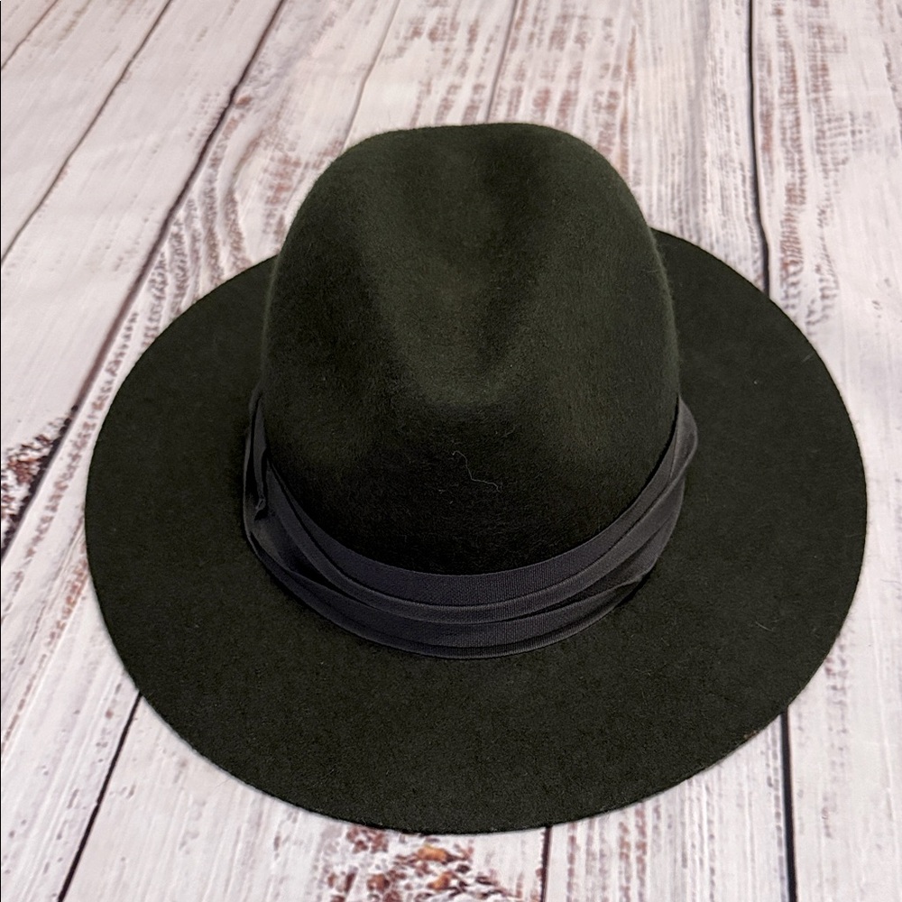 Dark Olive Wool Wide Brimmed Fedora Hat - Picture 2 of 13